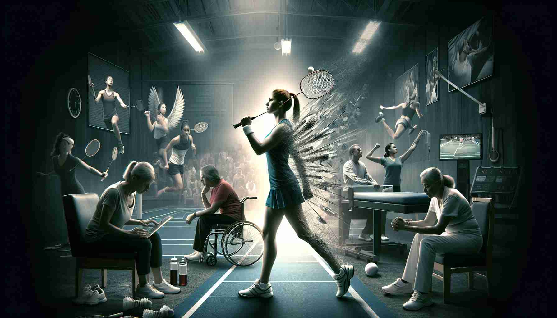 A high-definition image portraying the journey towards recovery of a renowned female badminton player who is Caucasian. The image should display a series of events, starting with a state of disappointment or loss, followed by rigorous training, therapy sessions, and the eventual triumph over adversity. The player's emotions and the atmosphere around her should illustrate her determination, resilience, and unwavering spirit.