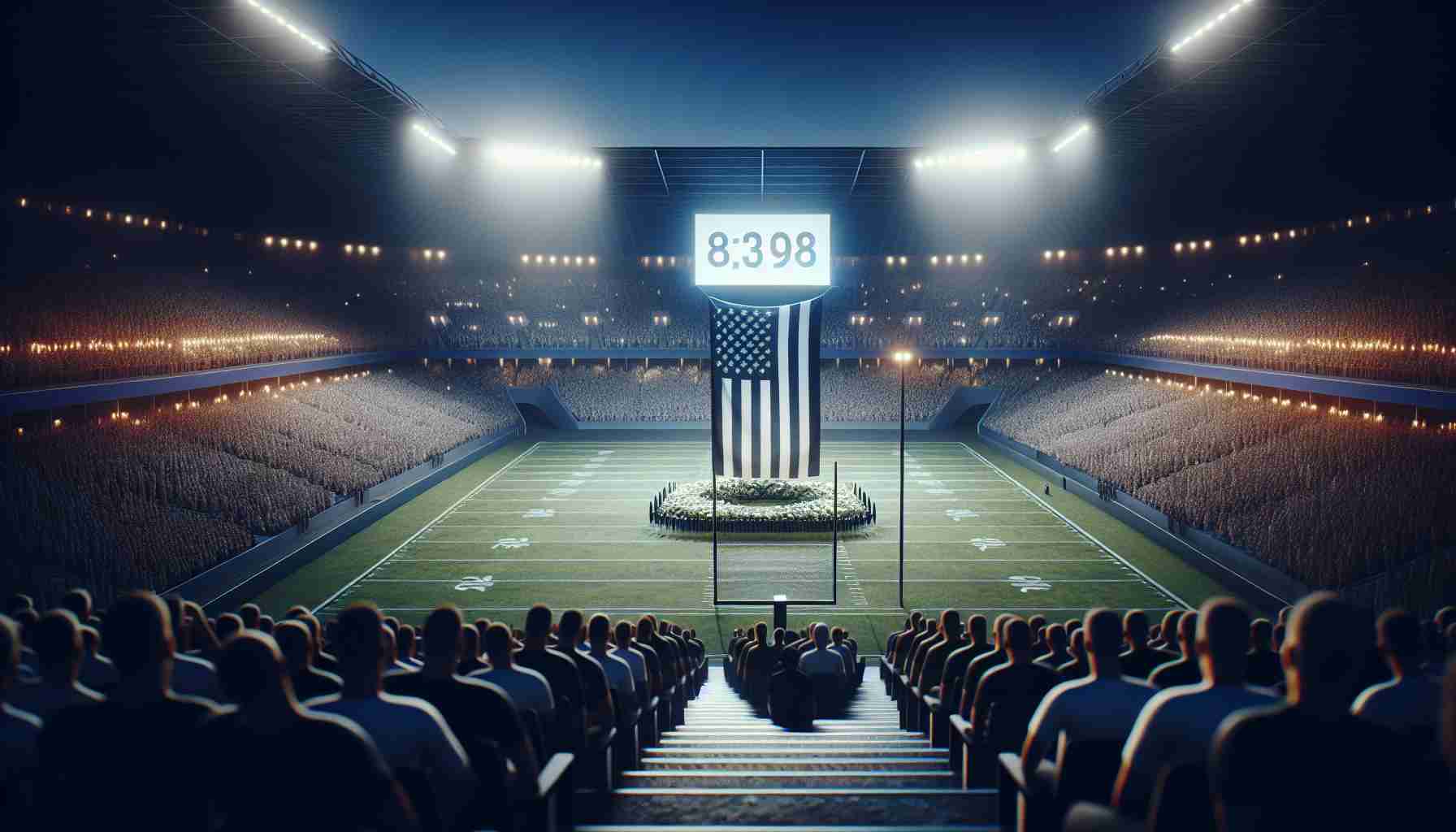 Generate a high-definition, realistic image representing a profound moment of loss in the sports world. It can depict a somber stadium filled with mourners, empty seats signifying absence, and a lowered flag, symbols of tribute and respect traditionally used in sporting events. The date or a message can be shown on a digital display, expressing the impact of the tragic loss on the athletic community.