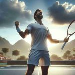 High-definition, realistic representation of an inspiring comeback moment by an unidentified male Hispanic tennis player before a major international tennis tournament.