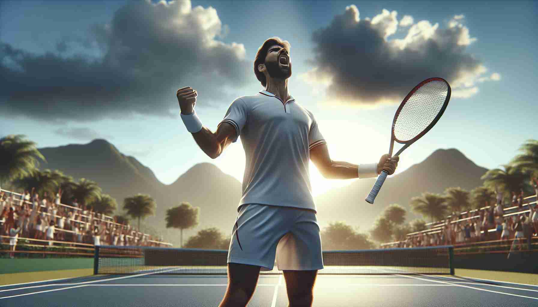 High-definition, realistic representation of an inspiring comeback moment by an unidentified male Hispanic tennis player before a major international tennis tournament.