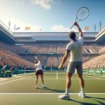 A high-definition, realistic depiction of a decisive moment in a tennis match awaiting a Spanish team in the Davis Cup. Evoking the tension before the match, show players on the court preparing. One player is a Caucasian man with bringing his racket up in anticipation, his partner, a Hispanic woman, stretching to warm up. The stadium is brimming with a mix of anticipation and fervent excitement, a sea of spectators looking on. Note the vibrancy of the green tennis court and the encompassing stadium under a clear blue sky, hinting at a sunny afternoon.