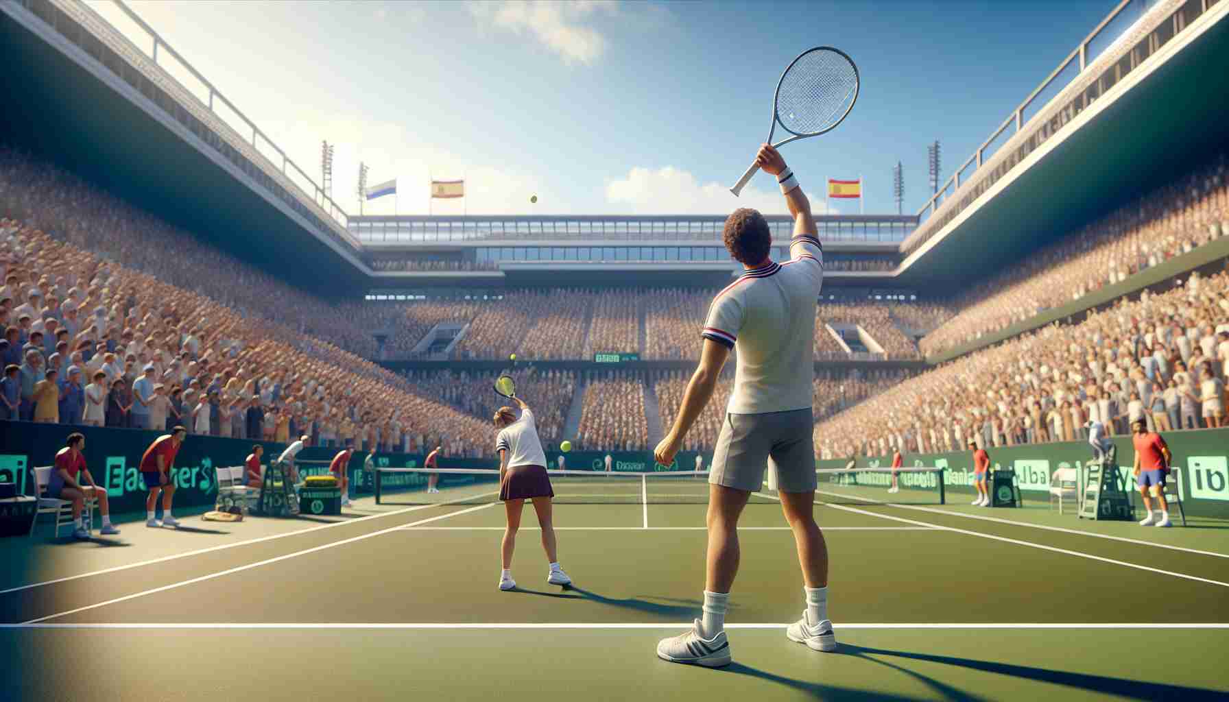 A high-definition, realistic depiction of a decisive moment in a tennis match awaiting a Spanish team in the Davis Cup. Evoking the tension before the match, show players on the court preparing. One player is a Caucasian man with bringing his racket up in anticipation, his partner, a Hispanic woman, stretching to warm up. The stadium is brimming with a mix of anticipation and fervent excitement, a sea of spectators looking on. Note the vibrancy of the green tennis court and the encompassing stadium under a clear blue sky, hinting at a sunny afternoon.