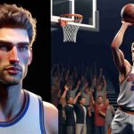 A high-definition, realistic image of a male basketball player who shares similar features with Thomas Heurtel, a Caucasian male in his 30s, athletic build, with short brown hair. The image depicts his journey from a controversial event to his redemption. The first part of the image reveals a dramatic moment on the basketball court, perhaps a foul or controversial scoreboard, signifying his controversy. The second part should depict him standing triumphantly, maybe after a winning shot, signifying his redemption. All the emotions must be evidently reflected in his facial expressions and body language.