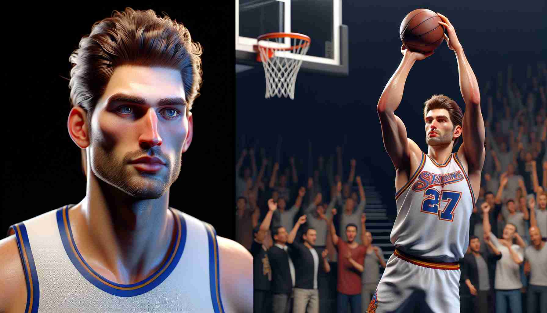 A high-definition, realistic image of a male basketball player who shares similar features with Thomas Heurtel, a Caucasian male in his 30s, athletic build, with short brown hair. The image depicts his journey from a controversial event to his redemption. The first part of the image reveals a dramatic moment on the basketball court, perhaps a foul or controversial scoreboard, signifying his controversy. The second part should depict him standing triumphantly, maybe after a winning shot, signifying his redemption. All the emotions must be evidently reflected in his facial expressions and body language.