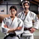 High-definition, realistic image of a young female judoka of South Asian descent, exuding confidence through her posture and expression. She's wearing her judo uniform, standing on a mat in a dojo. Beside her, there is a middle-aged, Caucasian male coach with a look of pride and expectation on his face. The dojo has a simple yet inspiring ambiance, showcasing the spirit of traditional martial arts.