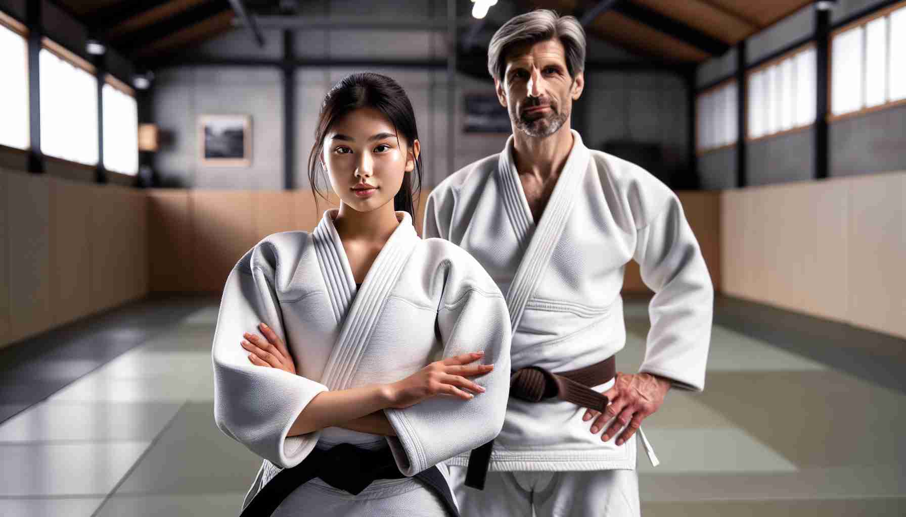 High-definition, realistic image of a young female judoka of South Asian descent, exuding confidence through her posture and expression. She's wearing her judo uniform, standing on a mat in a dojo. Beside her, there is a middle-aged, Caucasian male coach with a look of pride and expectation on his face. The dojo has a simple yet inspiring ambiance, showcasing the spirit of traditional martial arts.