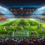 High-definition realistic image of an electrifying football match in the Champions League. The teams of Monaco and Barcelona are clashing on the field. Enthusiastic fans fill the stadium seats, their faces painted in the colors of their respective teams. The footballers, embodying a diverse array of descents and all geared up, intensely focus on the ball, ready to make their next significant move. The green pitch stands out vibrantly amidst the awe-inspiring stadium architecture. The Barcelona team is possessing the ball, preparing for an incoming attack, while Monaco's players are set in a defensive formation.