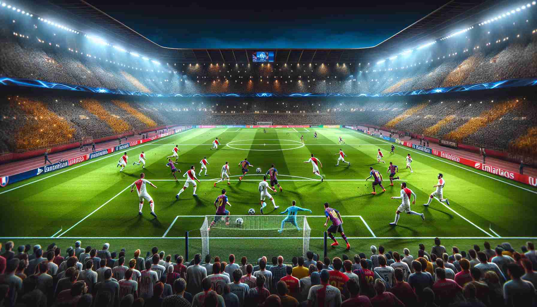 High-definition realistic image of an electrifying football match in the Champions League. The teams of Monaco and Barcelona are clashing on the field. Enthusiastic fans fill the stadium seats, their faces painted in the colors of their respective teams. The footballers, embodying a diverse array of descents and all geared up, intensely focus on the ball, ready to make their next significant move. The green pitch stands out vibrantly amidst the awe-inspiring stadium architecture. The Barcelona team is possessing the ball, preparing for an incoming attack, while Monaco's players are set in a defensive formation.