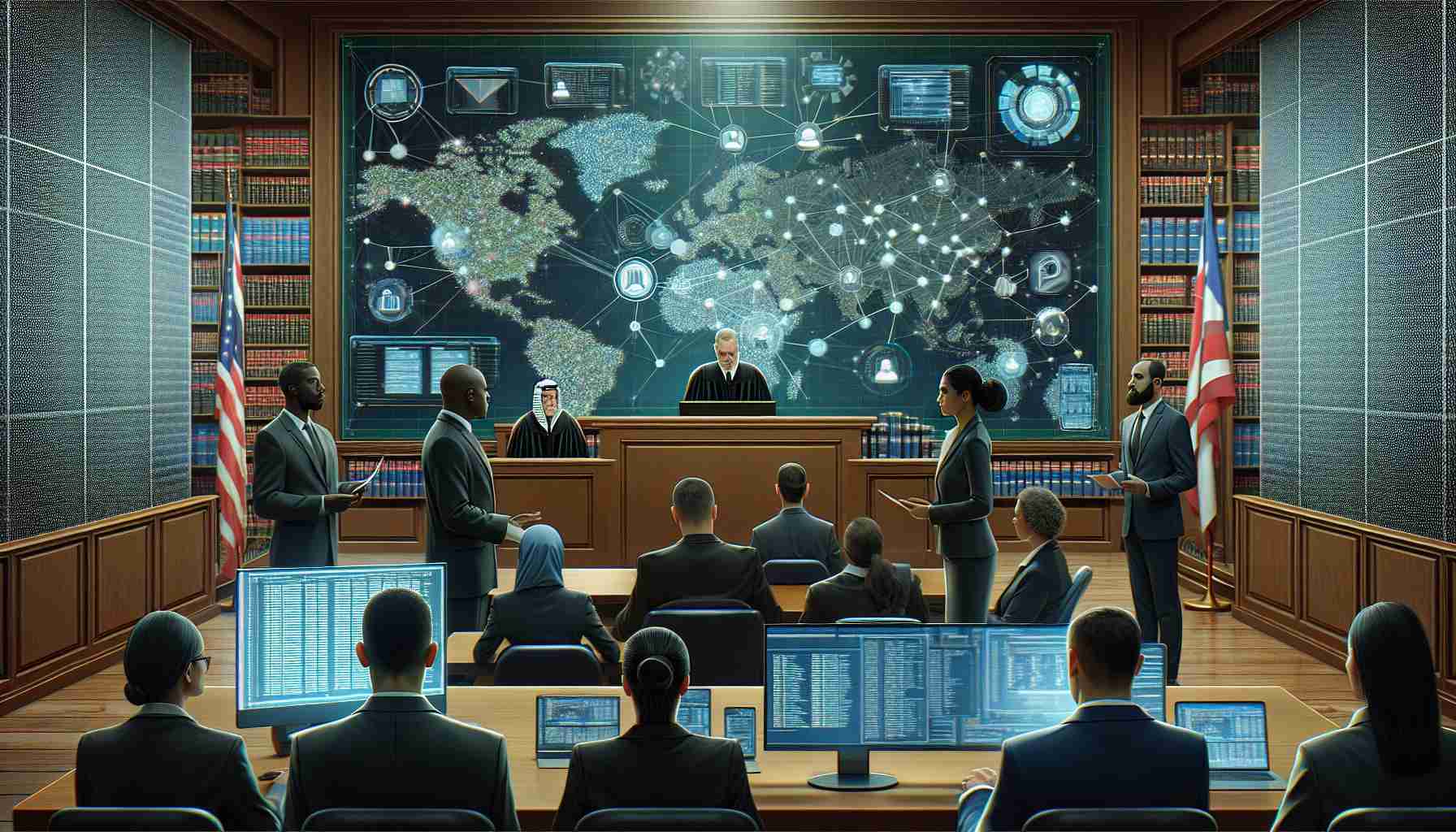 Illustration representing the concept of understanding the legal process for digital evidence in criminal investigations. Picture a courtroom with a large screen displaying data, codes, and network maps. In the foreground, a diverse group of professionals including a Black male judge, a Middle-Eastern female prosecutor, and a South Asian male defense attorney are in a discussion. The room is filled with tension, underlined by the serious expressions on everyone's faces - a clear reflection of the high stakes in the digital era of criminal law. All elements should be presented in high-definition, showcasing a hyper-realistic style.