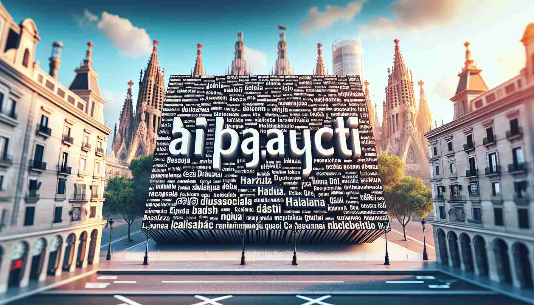 High-definition, realistic photo of a linguistic challenge represented with individual letters of a difficult-to-pronounce name spread out on a giant banner in the city of Barcelona. The banner showcases multilingual translations and phonetic instructions. Surrounding the banner, we could see Barcelona's iconic architecture.