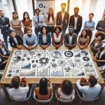 A high-definition, ultra-realistic image of a professionally diverse team gathered in a meeting room. The team has an equal mix of genders and descent such as Hispanic, Asian, Black, and White. There's a clear message of progress and future goals displayed upon a whiteboard. This composition includes charts, graphs, and illustrations symbolizing advancement and development. Their positive and engaged expressions suggest energetic collaboration and commitment to shared objectives.