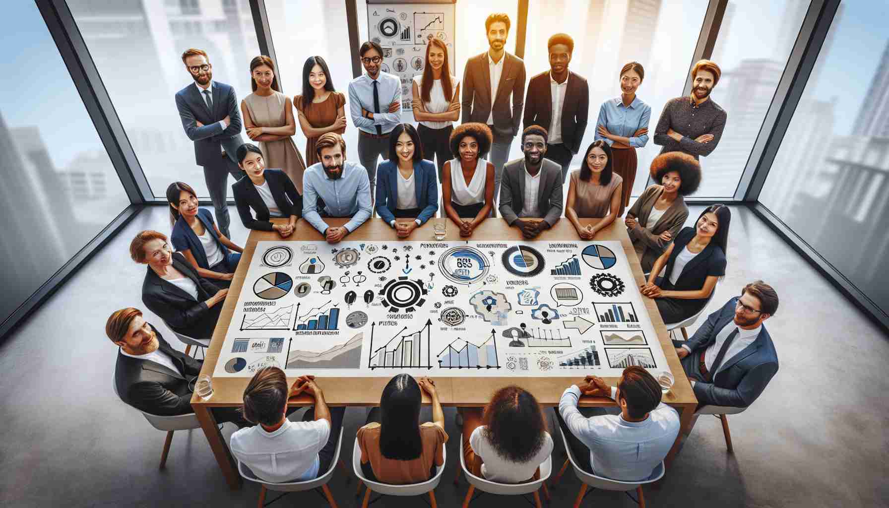 A high-definition, ultra-realistic image of a professionally diverse team gathered in a meeting room. The team has an equal mix of genders and descent such as Hispanic, Asian, Black, and White. There's a clear message of progress and future goals displayed upon a whiteboard. This composition includes charts, graphs, and illustrations symbolizing advancement and development. Their positive and engaged expressions suggest energetic collaboration and commitment to shared objectives.