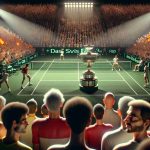 A high definition, lifelike representation of the starting moments at the Davis Cup, set in the context of Spain. Captivated faces in the audience, reflecting intensity and anticipation. The professional tennis players, modeled without any specific likeness, are solidifying their strong beginnings with swift, precise movements. Flourishes of spirited team colors in the crowd, a bustling energy surrounding the court, spotlight focusing on the immaculate, green tennis court and a clear regal cup, possibly made of silver or gold, as its main symbol in the backdrop.