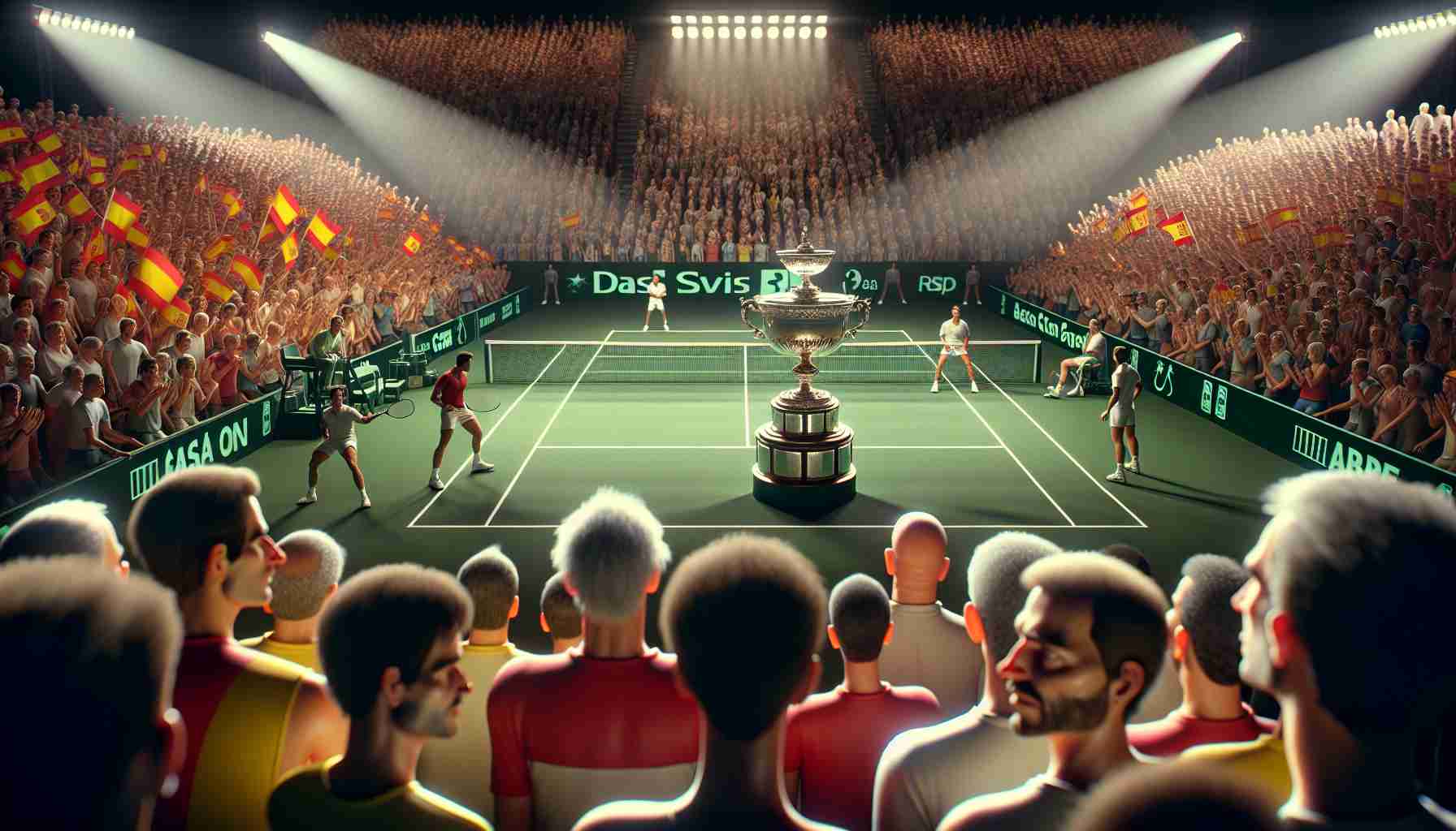 A high definition, lifelike representation of the starting moments at the Davis Cup, set in the context of Spain. Captivated faces in the audience, reflecting intensity and anticipation. The professional tennis players, modeled without any specific likeness, are solidifying their strong beginnings with swift, precise movements. Flourishes of spirited team colors in the crowd, a bustling energy surrounding the court, spotlight focusing on the immaculate, green tennis court and a clear regal cup, possibly made of silver or gold, as its main symbol in the backdrop.