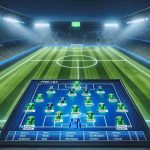 An HD quality, highly realistic image depicting a preview of the lineups for an impending football match. Picture an expansive football field with neatly marked lines and freshly cut grass. Strategically placed, positions of two teams are highlighted on the field, showcasing the potential lineup in 4-3-3 formation. Displaying the oppositions, identify the teams by two different color codes. In the foreground, include a digital scoreboard showing the names of the teams without disclosing any recognizable logos or football clubs. The atmosphere of the image should be filled with excitement and suspense.