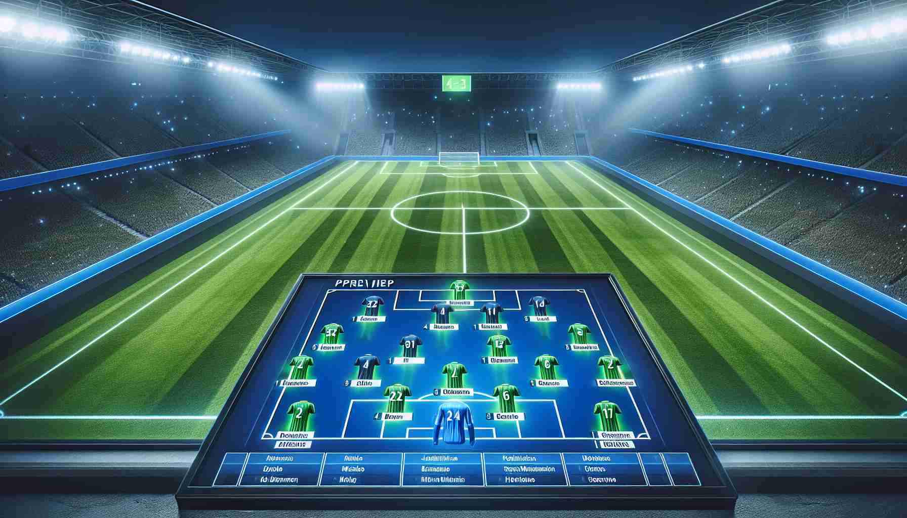 An HD quality, highly realistic image depicting a preview of the lineups for an impending football match. Picture an expansive football field with neatly marked lines and freshly cut grass. Strategically placed, positions of two teams are highlighted on the field, showcasing the potential lineup in 4-3-3 formation. Displaying the oppositions, identify the teams by two different color codes. In the foreground, include a digital scoreboard showing the names of the teams without disclosing any recognizable logos or football clubs. The atmosphere of the image should be filled with excitement and suspense.