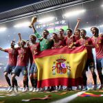 A realistic high-definition photo of a U21 national football team, draped in a flag with colors similar to Spain's, as they celebrate securing a spot in a major European football tournament scheduled for 2025. The team members are jubilant, hugging each other and lifting the trophy. The background shows the stadium packed with cheering fans and a huge scoreboard that announces the success of the team. The players on the team consist of a mix of genders and descents including but not limited to Caucasian, Hispanic, and Middle-Eastern.