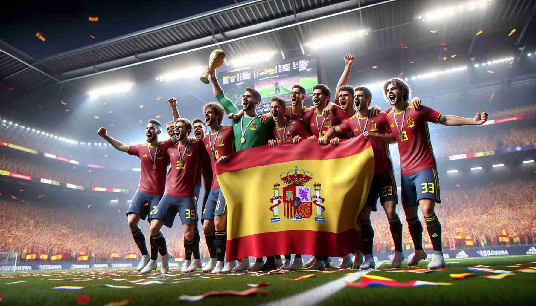 A realistic high-definition photo of a U21 national football team, draped in a flag with colors similar to Spain's, as they celebrate securing a spot in a major European football tournament scheduled for 2025. The team members are jubilant, hugging each other and lifting the trophy. The background shows the stadium packed with cheering fans and a huge scoreboard that announces the success of the team. The players on the team consist of a mix of genders and descents including but not limited to Caucasian, Hispanic, and Middle-Eastern.