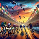 A high-definition image that vividly captures the thrilling climax of a major cycling event. More vividly, imagine skilled cyclists, showing remarkable athleticism as they compete fiercely against each other. These cyclists represent a diverse range of nationalities and backgrounds, reflecting the global nature of cycling. Overhead, the sky is a striking blend of oranges and blues, symbolic of the waning day, creating a dramatic backdrop for the event. Spectators, with their flags from different countries, line the boundaries of the race course, their excitement palpable as they cheer on the competitors nearing the finish line.