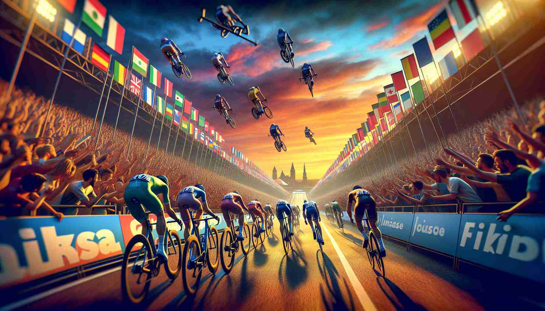 A high-definition image that vividly captures the thrilling climax of a major cycling event. More vividly, imagine skilled cyclists, showing remarkable athleticism as they compete fiercely against each other. These cyclists represent a diverse range of nationalities and backgrounds, reflecting the global nature of cycling. Overhead, the sky is a striking blend of oranges and blues, symbolic of the waning day, creating a dramatic backdrop for the event. Spectators, with their flags from different countries, line the boundaries of the race course, their excitement palpable as they cheer on the competitors nearing the finish line.