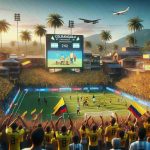 A highly detailed, realistic representation of a scene representing a triumphant moment for Colombia over Argentina in the city of Barranquilla. Imagine a vibrant setting filled with Colombian fans in yellow jerseys, waving their national flags, cheering enthusiastically, whilst Argentine fans look on in muted disappointment. Include a large digital scoreboard showing a favourable score for Colombia. The warm, tropical atmosphere of Barranquilla, with palm trees in the background should also be depicted. Also, at the centre, render the moment of victory as the Colombian team celebrates together on the field.