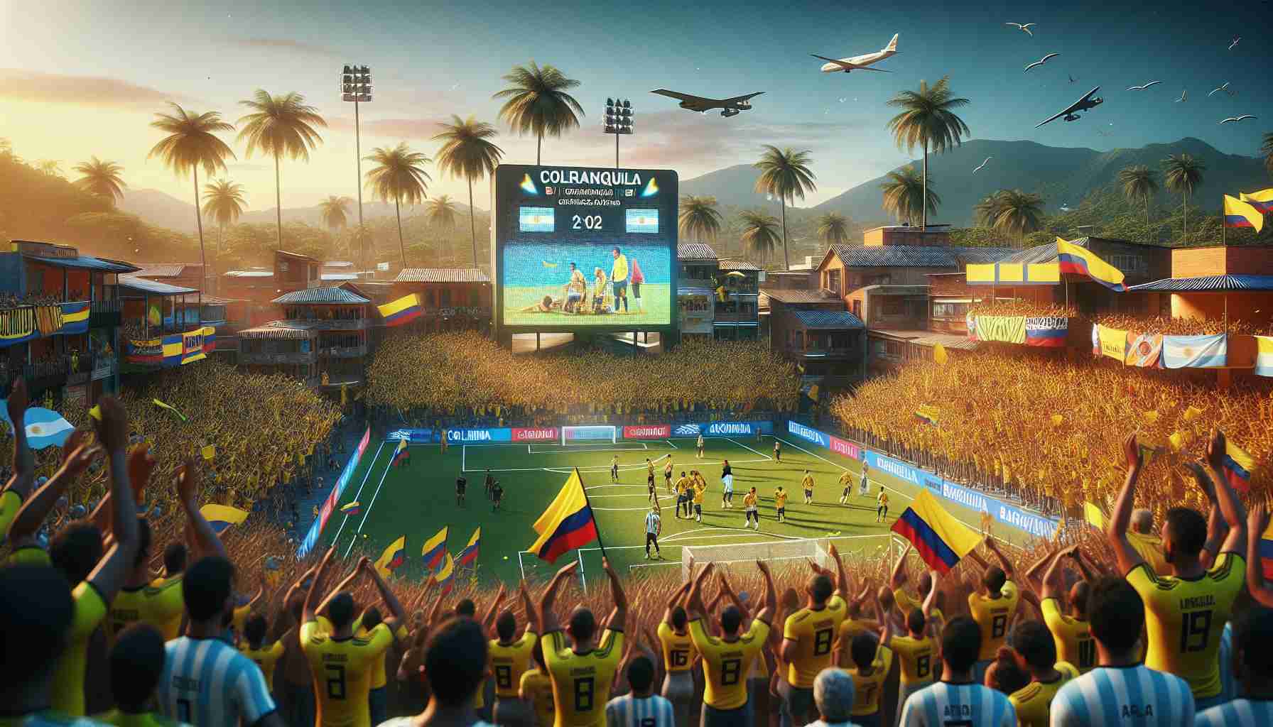 A highly detailed, realistic representation of a scene representing a triumphant moment for Colombia over Argentina in the city of Barranquilla. Imagine a vibrant setting filled with Colombian fans in yellow jerseys, waving their national flags, cheering enthusiastically, whilst Argentine fans look on in muted disappointment. Include a large digital scoreboard showing a favourable score for Colombia. The warm, tropical atmosphere of Barranquilla, with palm trees in the background should also be depicted. Also, at the centre, render the moment of victory as the Colombian team celebrates together on the field.