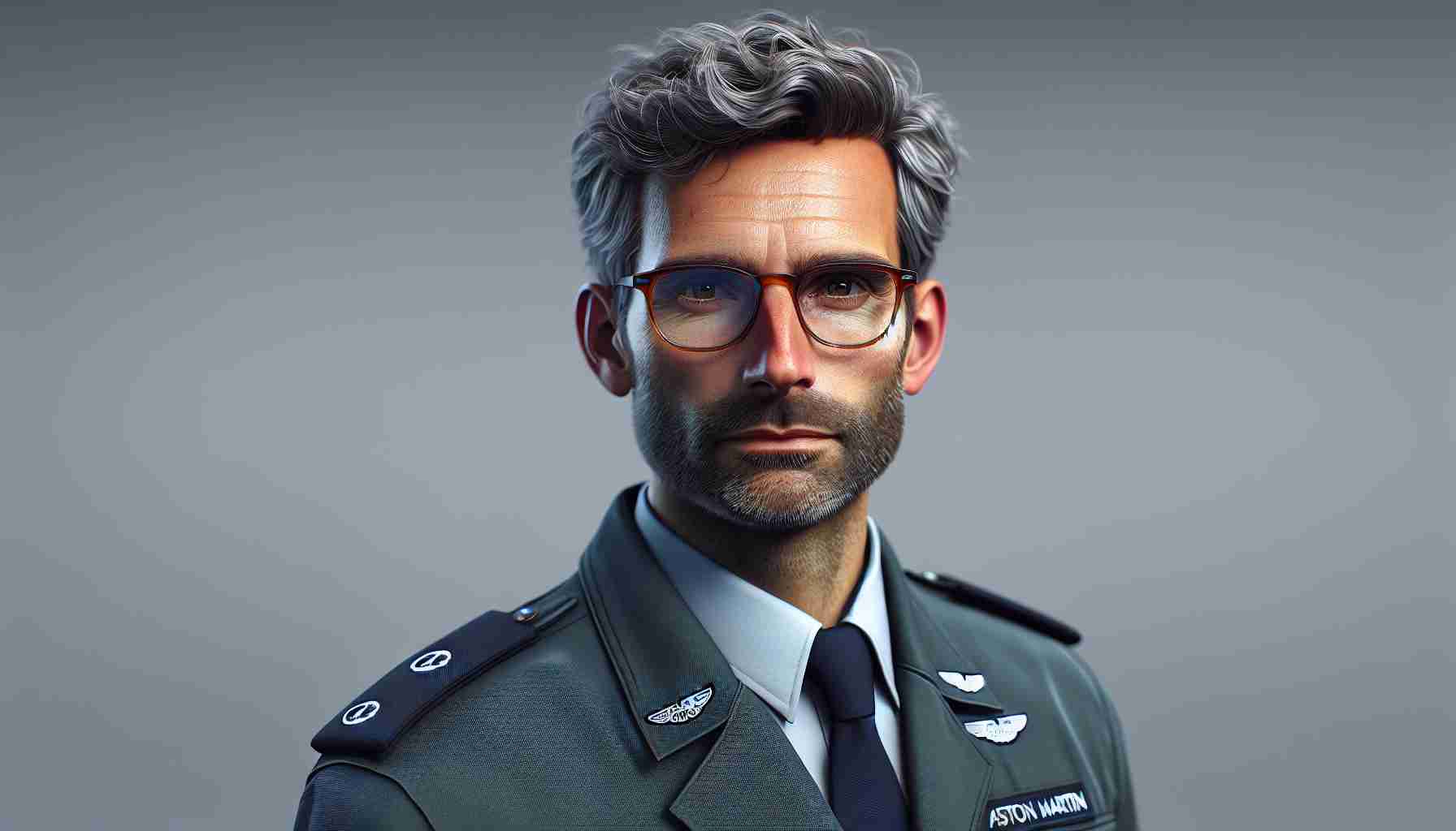 Realistic high definition image of a newly appointed Technical Leader at Aston Martin. The leader is a Caucasian male with glasses, thinning grey hair, and an intelligent gaze, dressed in the company's uniform and looking determined and ready for new technical challenges.