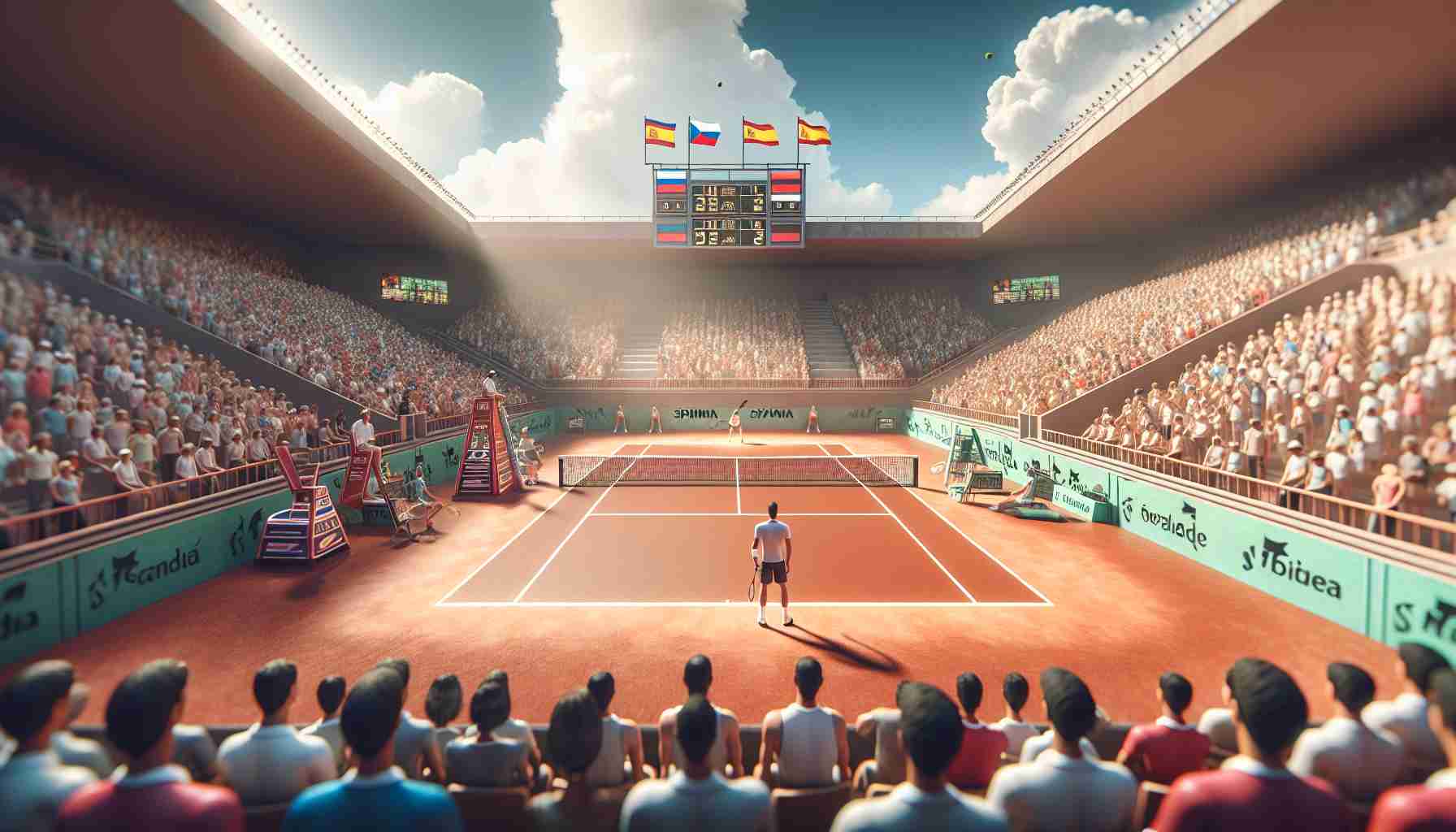 A realistic, high-definition illustration of a tennis match setting where a Spanish player is facing a Czech player in the final phase of an international tennis tournament. The court is a clay surface, indicating a tennis scene typical to Spain. The audience is a mix of diverse individuals cheering for their teams. A scoreboard shows a tight score, signaling an intense game.