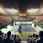 A realistic, high-definition visualization of a challenging scene in the group stage of the Davis Cup. Evoke the tension in the air with tightly-wound tennis players ready to serve; the audience, a sea of excited spectators, hanging onto every swing and bounce of the tennis ball. No specific player identifiers should be included. The scene takes place on a polished tennis court with the Spanish flag proudly displayed.