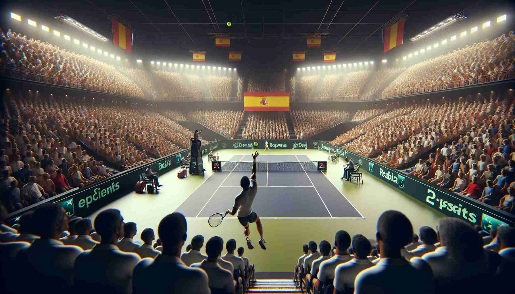 A realistic, high-definition visualization of a challenging scene in the group stage of the Davis Cup. Evoke the tension in the air with tightly-wound tennis players ready to serve; the audience, a sea of excited spectators, hanging onto every swing and bounce of the tennis ball. No specific player identifiers should be included. The scene takes place on a polished tennis court with the Spanish flag proudly displayed.