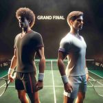 A realistic high-definition depiction of a suspenseful grand final tennis match between two professional male tennis players. One player is tall and slim with curly brown hair, and the other is shorter with an athletic build and straight blond hair. Both are dressed in their tennis gear, eagerly preparing for their final clash on the tennis court.