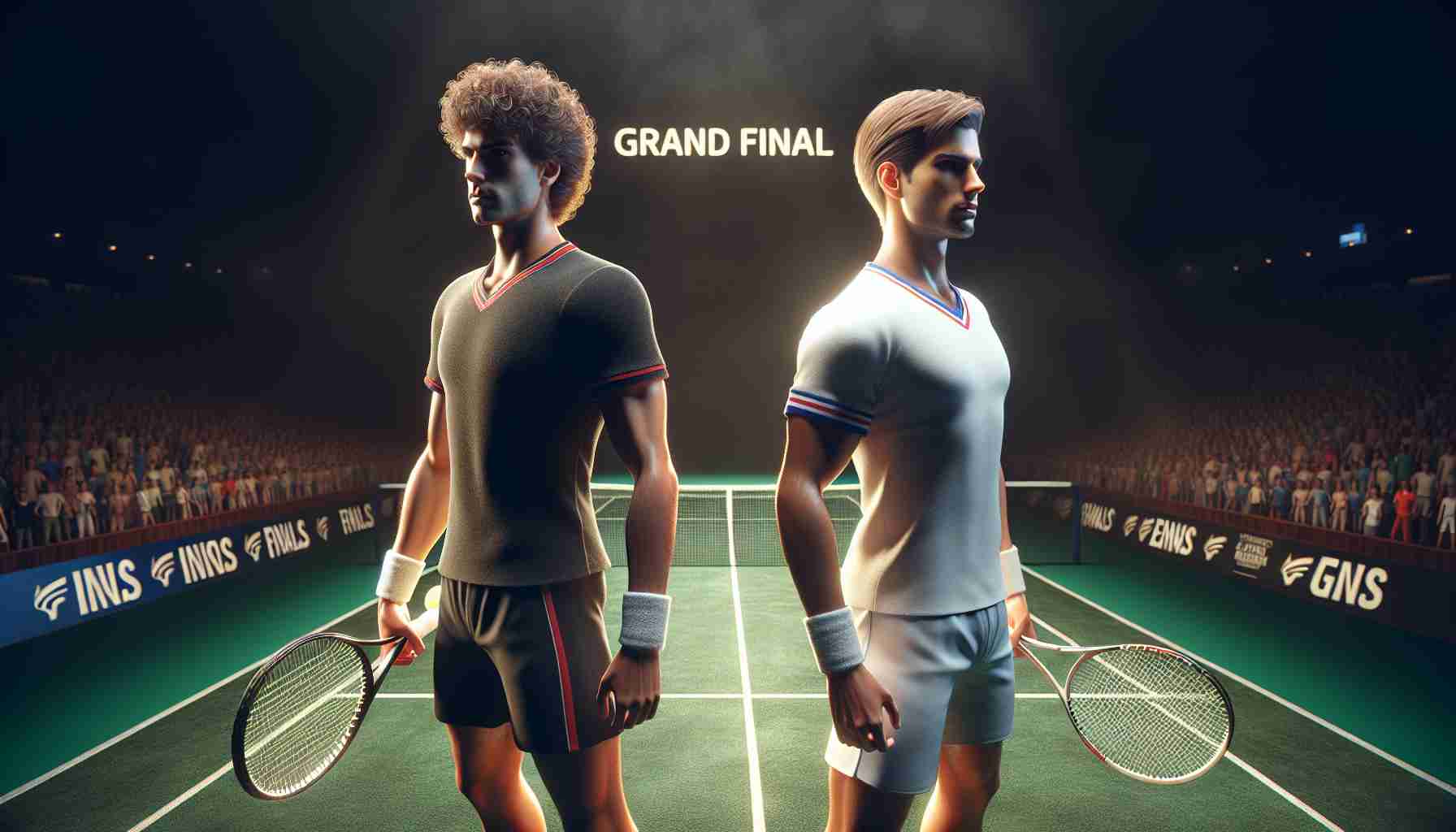 A realistic high-definition depiction of a suspenseful grand final tennis match between two professional male tennis players. One player is tall and slim with curly brown hair, and the other is shorter with an athletic build and straight blond hair. Both are dressed in their tennis gear, eagerly preparing for their final clash on the tennis court.