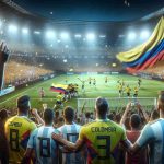 High-definition, realistic representation of the memorable event where Colombia secured a victory over Argentina in a football match. The scene unfolds with Colombian players celebrating their win with ecstatic expressions, waving their country's flag. In contrast, the Argentinian players exhibit a spirit of its own, showing disappointment but strong sportsmanship after the tough loss. The atmospheric stadium is filled with spectators of diverse descents and genders, illuminating the field with flashes from their cameras and colorful fan gear.