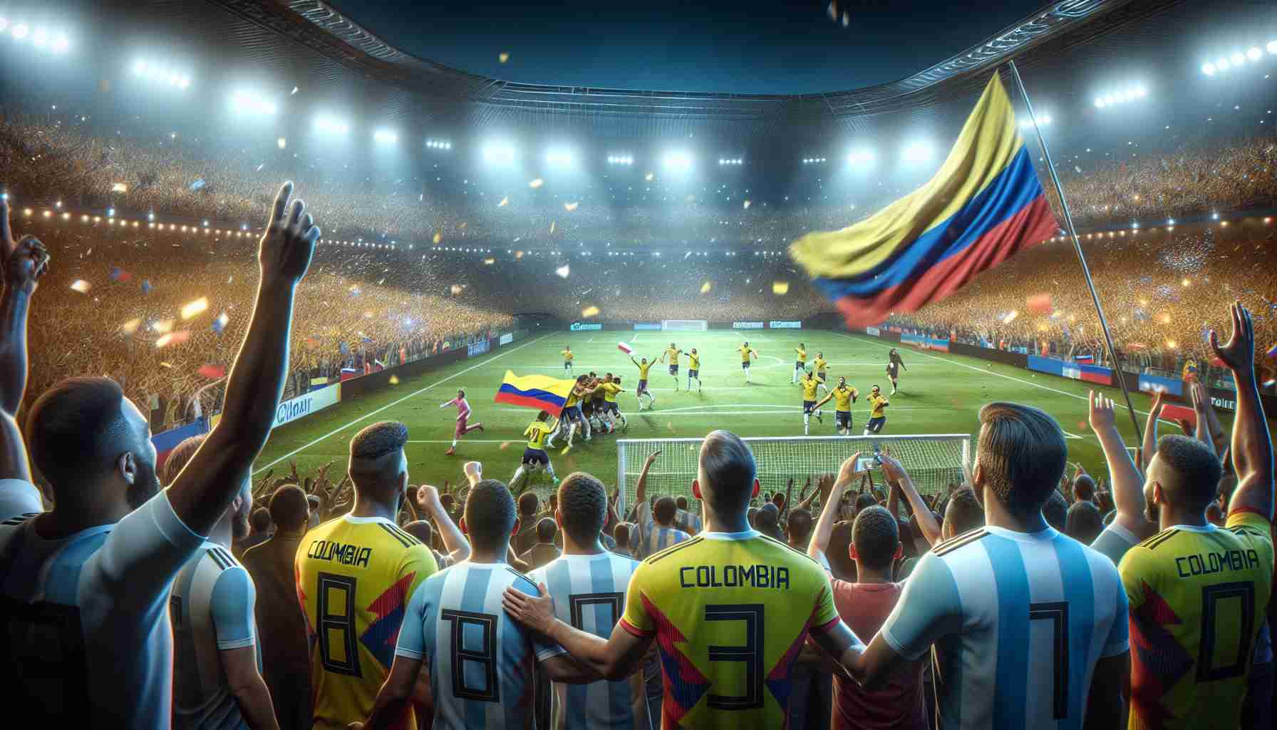 High-definition, realistic representation of the memorable event where Colombia secured a victory over Argentina in a football match. The scene unfolds with Colombian players celebrating their win with ecstatic expressions, waving their country's flag. In contrast, the Argentinian players exhibit a spirit of its own, showing disappointment but strong sportsmanship after the tough loss. The atmospheric stadium is filled with spectators of diverse descents and genders, illuminating the field with flashes from their cameras and colorful fan gear.