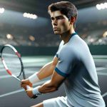 An HD quality image, rendered to look realistic, of a youthful male tennis player of Hispanic descent. He appears focused and intense as he practices his swings on an empty tennis court. This scene represents his preparation for upcoming critical tennis matches following a setback at a previous Grand Slam tournament. He is dressed in professional tennis attire and the atmosphere is evocative of a calm before the storm.