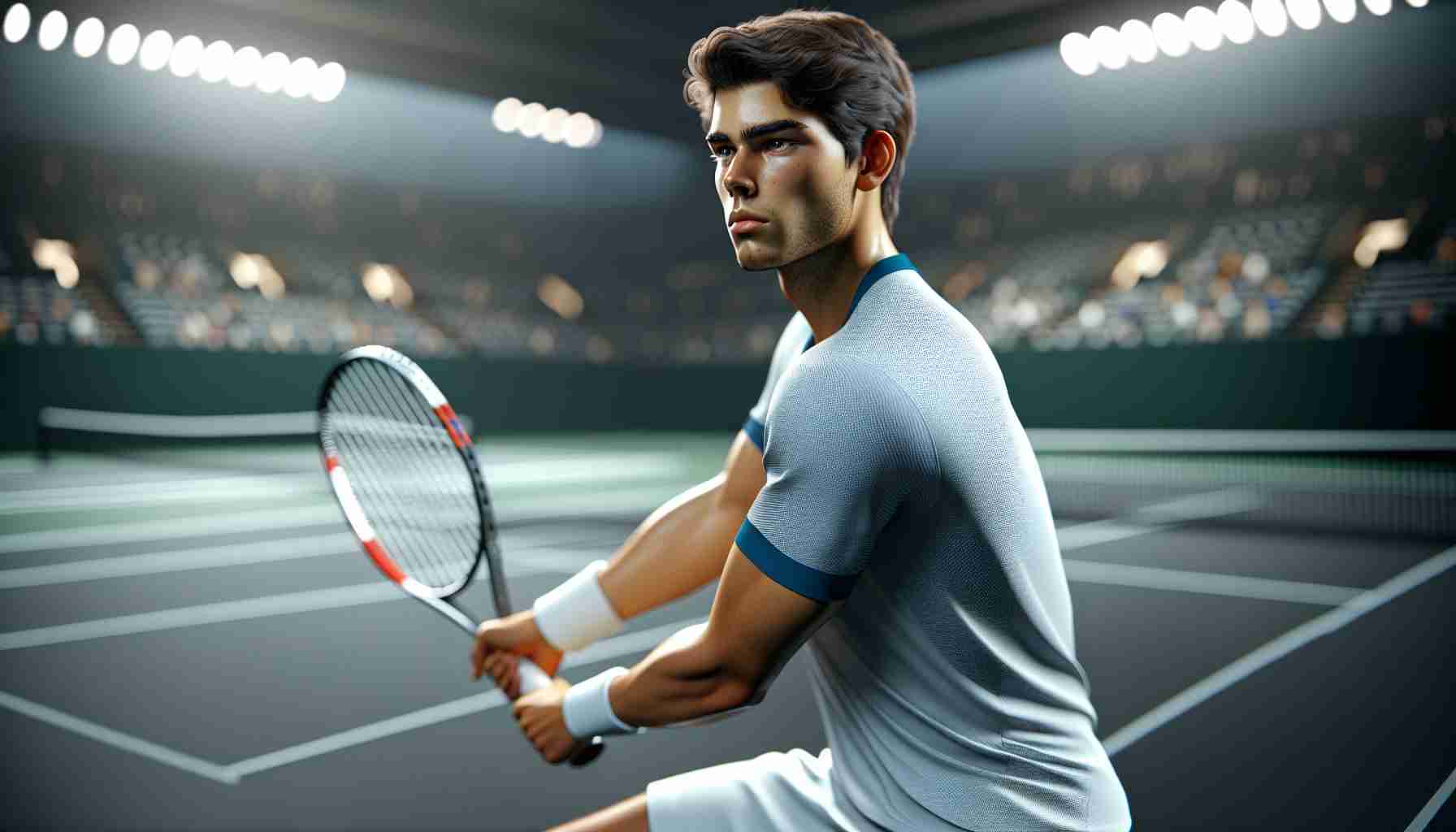 An HD quality image, rendered to look realistic, of a youthful male tennis player of Hispanic descent. He appears focused and intense as he practices his swings on an empty tennis court. This scene represents his preparation for upcoming critical tennis matches following a setback at a previous Grand Slam tournament. He is dressed in professional tennis attire and the atmosphere is evocative of a calm before the storm.