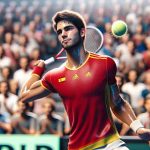 Realistic high-definition image of a young, athletic tennis player who is set to represent Spain in the Davis Cup 2024. He is mid-action, with sweat glittering on his skin, his eyes focused on the tennis ball he's about to serve. In his athletic outfit, the colors of Spain's flag are noticeable. The crowd behind him is a spectrum of cheering faces, blurring into the background, with banners of support that hint at the scope of the event. Please note that this young tennis player is not based on any real-world individuals.