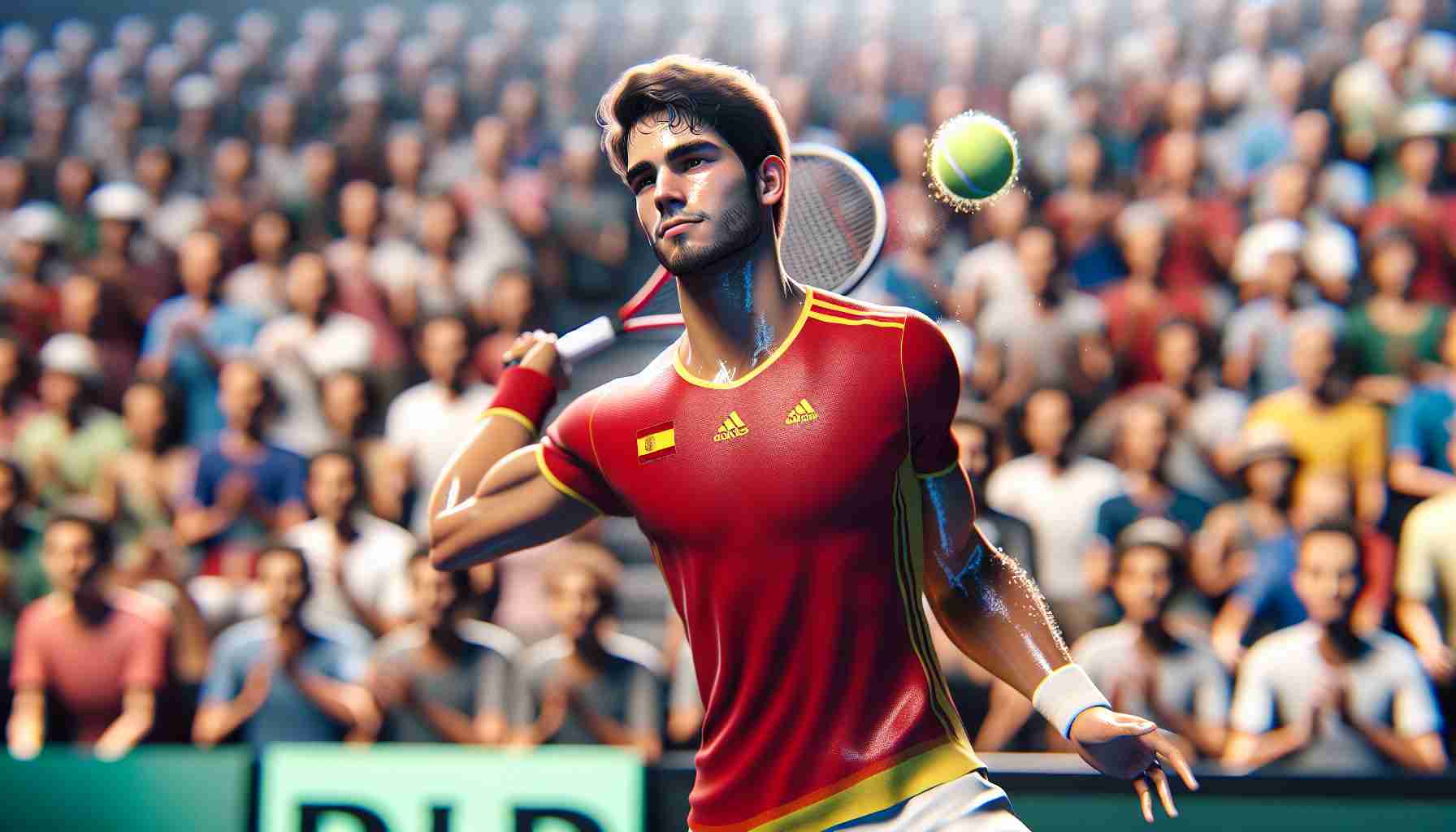 Realistic high-definition image of a young, athletic tennis player who is set to represent Spain in the Davis Cup 2024. He is mid-action, with sweat glittering on his skin, his eyes focused on the tennis ball he's about to serve. In his athletic outfit, the colors of Spain's flag are noticeable. The crowd behind him is a spectrum of cheering faces, blurring into the background, with banners of support that hint at the scope of the event. Please note that this young tennis player is not based on any real-world individuals.