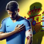 High definition realistic image of a soccer player wearing the jersey of Manchester City nursing an injury, shown with the shadow of a concern hovering. The badge of the Spanish national team appears faintly in the backdrop signifying their concern towards the player's injury.