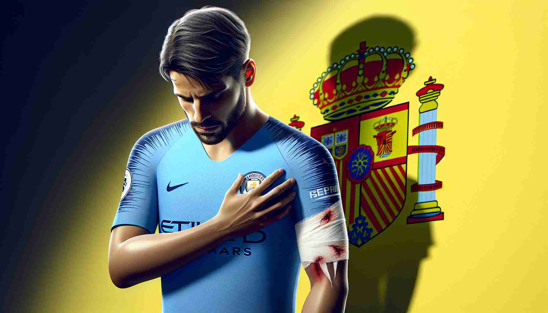 High definition realistic image of a soccer player wearing the jersey of Manchester City nursing an injury, shown with the shadow of a concern hovering. The badge of the Spanish national team appears faintly in the backdrop signifying their concern towards the player's injury.