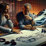 A realistic, high-definition scene symbolizing a new era of a luxury car manufacturer. The scene includes a prominent automotive engineer and a notable race car driver. They're collaborating and strategizing, with blueprints of high-performance vehicles spread out in front of them on a table. The race car driver, of Hispanic descent, is gesturing towards a particular point on a blueprint, deeply engaged in discussion, while the engineer, a middle-aged Caucasian man with glasses, is thoughtfully considering the concept. The ambiance signifies the dawn of a new era in the field of luxury automobile manufacturing.