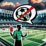 An image depicting a symbolic representation of the La Liga's actions against offensive chants, showing a referee holding a red card against the backdrop of an empty stadium. To the side, an abstract figure of a speech bubble crossed out to universalize the idea of the ban on offensive chants. The colors are mostly green, red and white, mimicking the colors of La Liga's logo. The image boasts high-definition, high-resolution execution, enriched with the meticulous attention to detail for an added dose of realism.