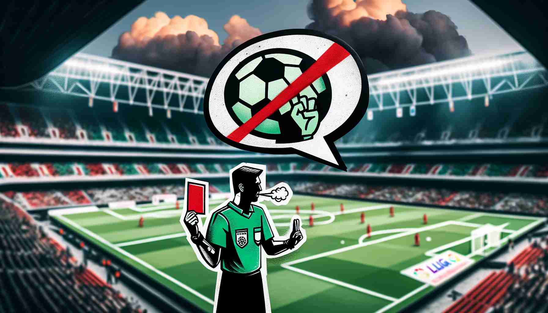 An image depicting a symbolic representation of the La Liga's actions against offensive chants, showing a referee holding a red card against the backdrop of an empty stadium. To the side, an abstract figure of a speech bubble crossed out to universalize the idea of the ban on offensive chants. The colors are mostly green, red and white, mimicking the colors of La Liga's logo. The image boasts high-definition, high-resolution execution, enriched with the meticulous attention to detail for an added dose of realism.