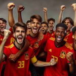 A high-definition photo of a young men's soccer team celebrating their narrow victory securing a spot in the Euro 2025 tournament. The players, a mix of Caucasian, Hispanic, Black, Middle-Eastern and South Asian, are triumphantly cheering, holding their fist in the air. They are dressed in red and yellow uniforms, indicating their country's, Spain, traditional colors. The excitement and joy of the moment is clearly visible in their expressions.