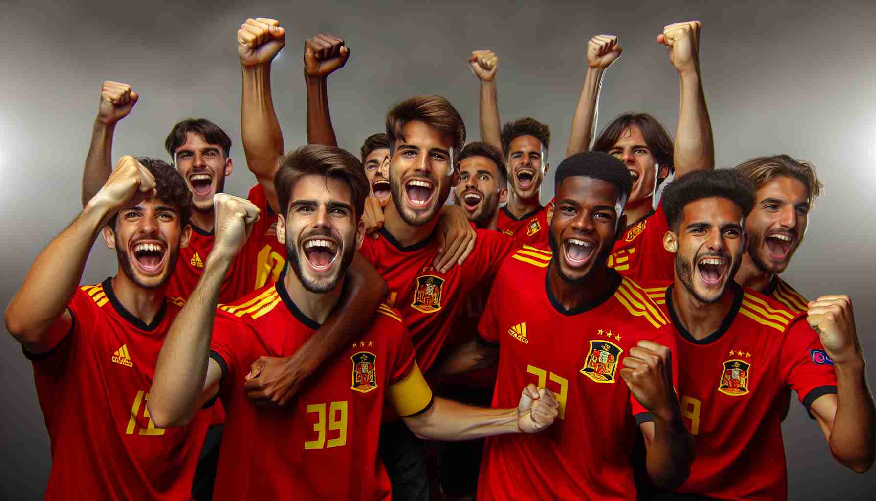 A high-definition photo of a young men's soccer team celebrating their narrow victory securing a spot in the Euro 2025 tournament. The players, a mix of Caucasian, Hispanic, Black, Middle-Eastern and South Asian, are triumphantly cheering, holding their fist in the air. They are dressed in red and yellow uniforms, indicating their country's, Spain, traditional colors. The excitement and joy of the moment is clearly visible in their expressions.