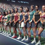 A high-definition, realistic image of an upcoming tennis competition's line-up. The scene shows athletes of different genders and descents, ready and awaiting the start of the match. They are in their sporty attire, gripping their tennis rackets with determination, showing a mix of tension and excitement in their expressions. The tennis court can be seen in the backdrop, filled with anticipation for some thrilling matches. Spectators can be seen in the stadium, eagerly looking forward to the game.