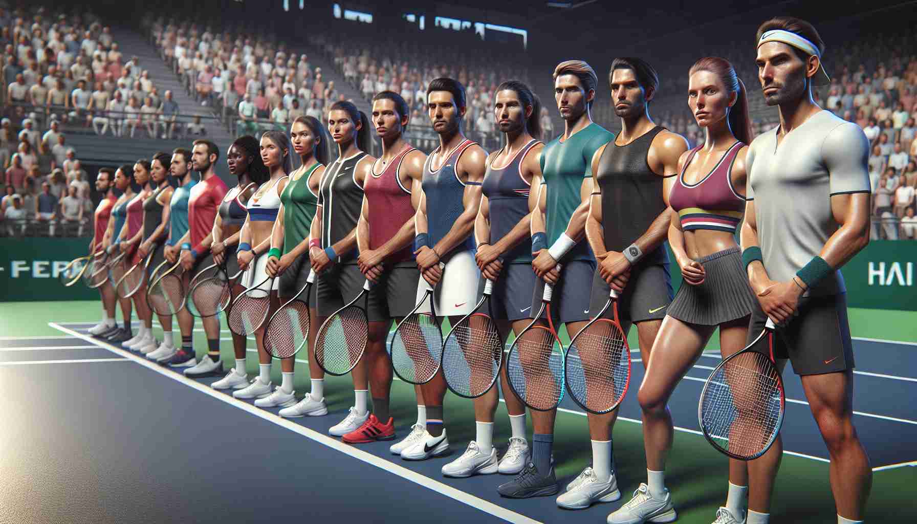 A high-definition, realistic image of an upcoming tennis competition's line-up. The scene shows athletes of different genders and descents, ready and awaiting the start of the match. They are in their sporty attire, gripping their tennis rackets with determination, showing a mix of tension and excitement in their expressions. The tennis court can be seen in the backdrop, filled with anticipation for some thrilling matches. Spectators can be seen in the stadium, eagerly looking forward to the game.