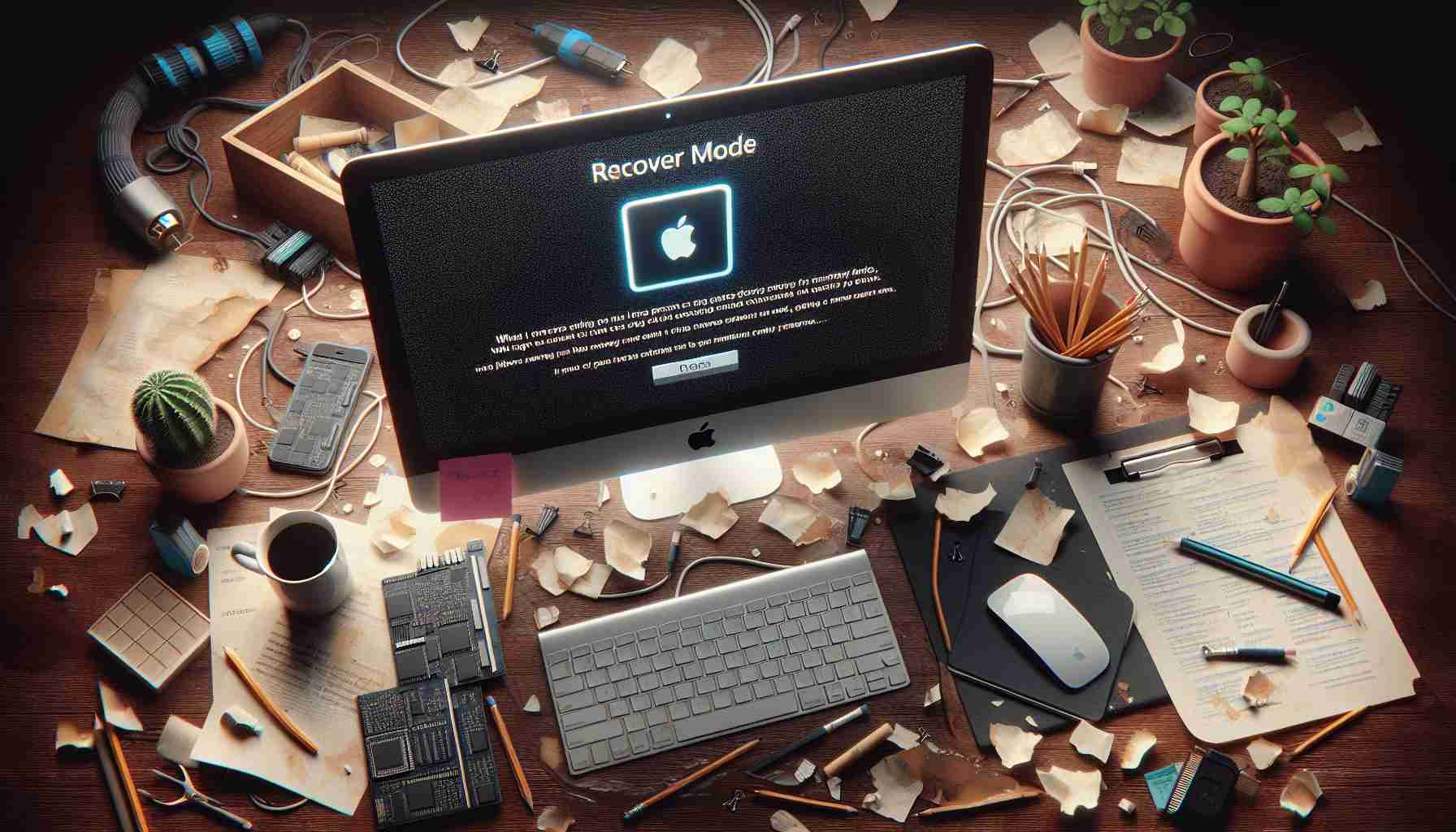 Create a high-definition, realistic image showcasing the challenges encountered while attempting to use the recovery mode on a new Mac computer. The image should prominently feature an Apple Mac computer displaying an error message on its screen, indicative of some problem with the recovery mode. The surrounding environment could be a cluttered workspace with coffee stains on papers, pencil shavings, and cables scattered around, suggestive of long hours spent in attempting to rectify the issue. This image does not contain humans.