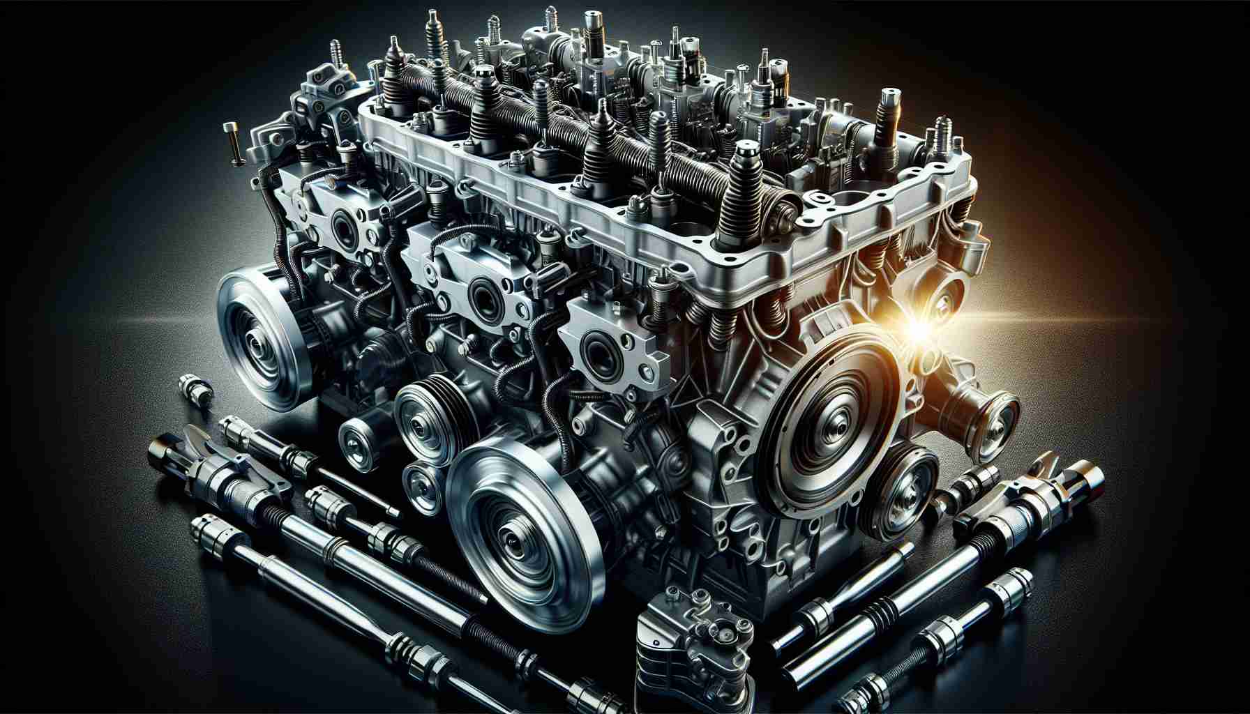 Create a high-definition, highly detailed image showcasing the power and craftsmanship of car engines, embodying the same levels of engineering excellence often associated with recognizable car manufacturers like Volkswagen. The image should include various components such as cylinder blocks, spark plugs, camshafts, and pistons, and ensure the image reflects precision, power, and technological advances.