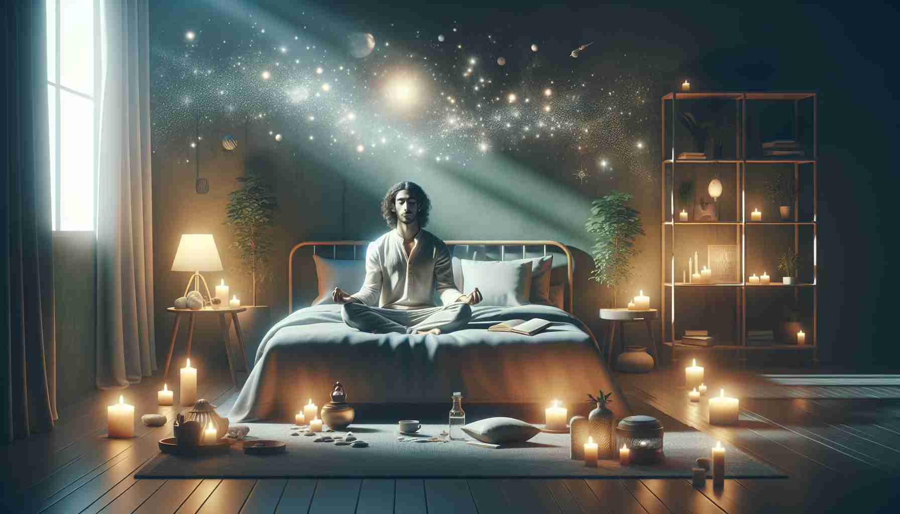 Create a realistic, high-definition image that depicts the concept of enhancing sleep quality through mindfulness. Visualize this as a serene bedroom environment bathed in soft, dimmed light. In the room, a person of Middle-Eastern descent, regardless of gender, is sitting on a comfortable bed, practicing mindfulness. They have an expression of calm and contentment. Scattered around the room are elements promoting peace and tranquility, such as candles, essential oil diffusers, and plants. The overall atmosphere conveys relaxation and tranquility, encouraging restful, quality sleep.